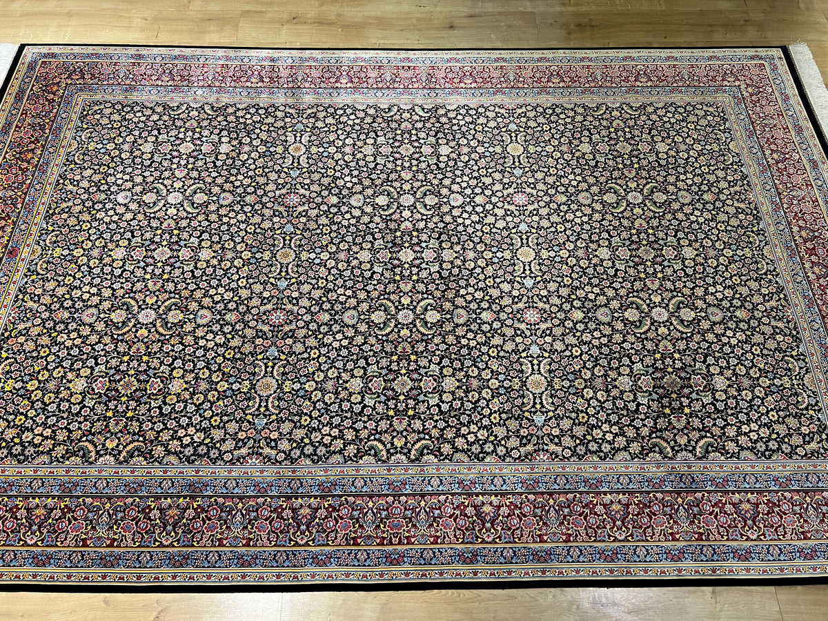 7x10 Ft Black Silk Rug With Red Border, Traditional Floral Classic Design