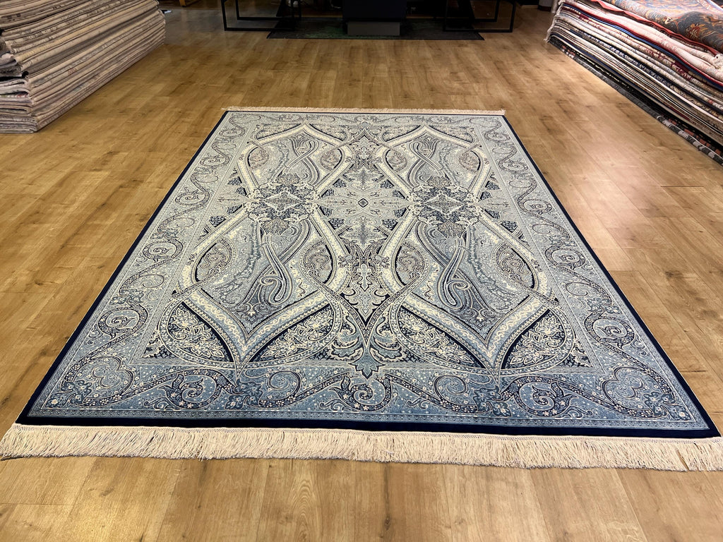 5x8 ft Silk Rug, Blue Tones with Timeless Motifs, Luxury Classic Silk Carpet