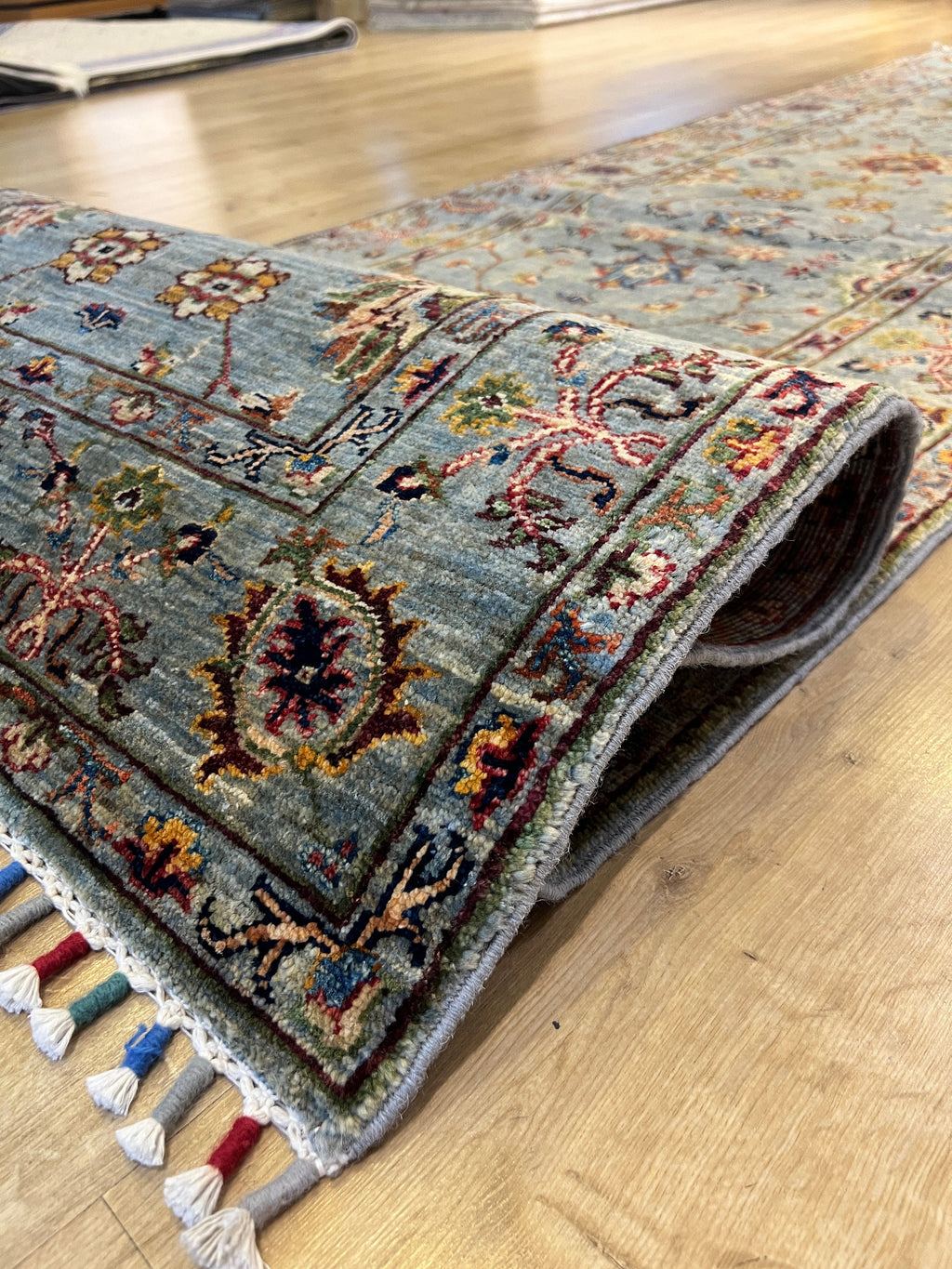 Blue Wool Rug, Traditional Turkish Style, 2.75x9.77 Ft