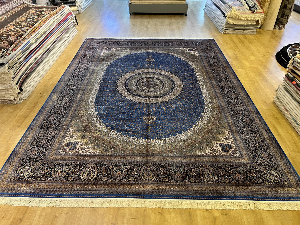 Bamboo Silk Rug 10x13 ft, Large Luxury Area Rug with Blue Medallion Design
