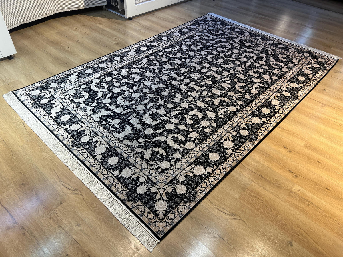 Black Classic Silk Rug with Gold Floral Motifs, Luxury Silk Carpet