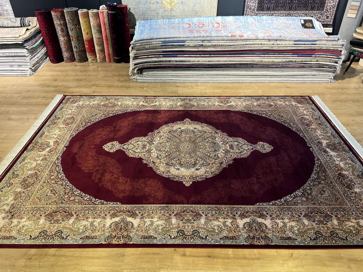 Red Beige Silk Palace Rug, 8x11 ft, Turkish Carpet