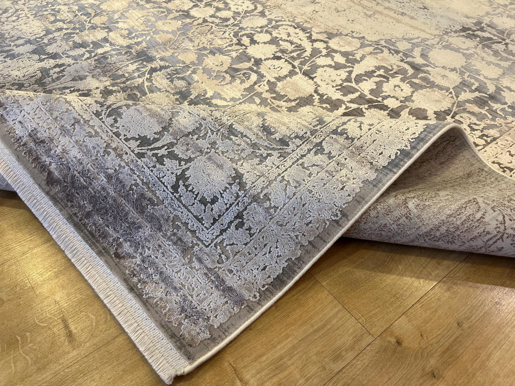 7x10 Gray Bamboo Acrylic Rug, Modern Medallion Pattern, Luxury Living Room Carpet