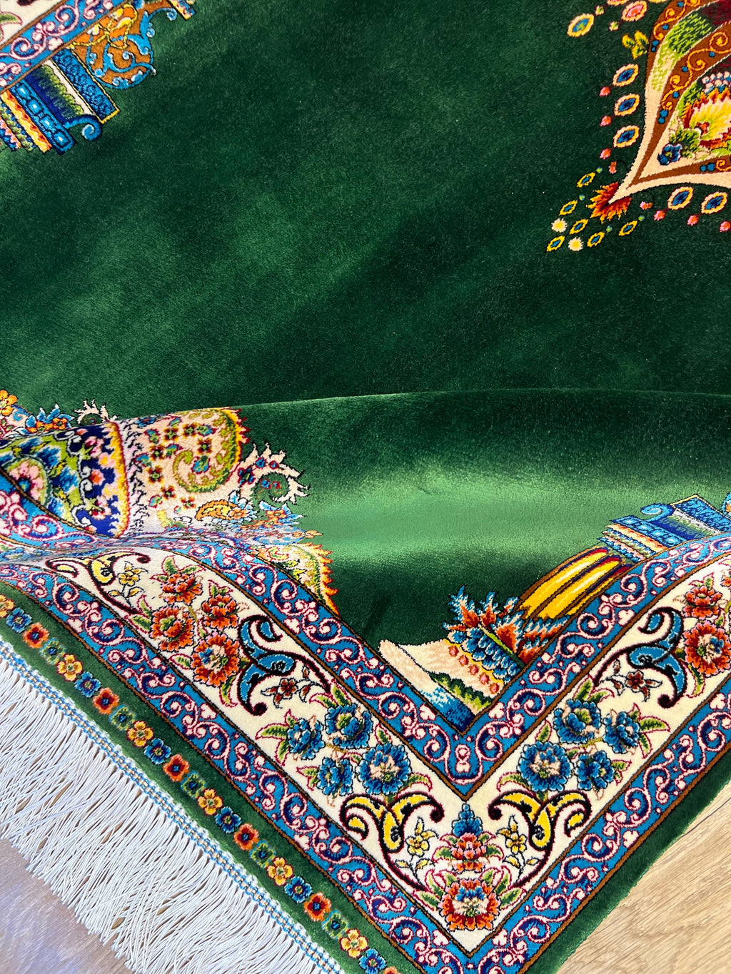 Green Modal Silk Prayer Rug, Luxury Muslim Gift Mat (2.62X4.10 ft) Janamaz Mat