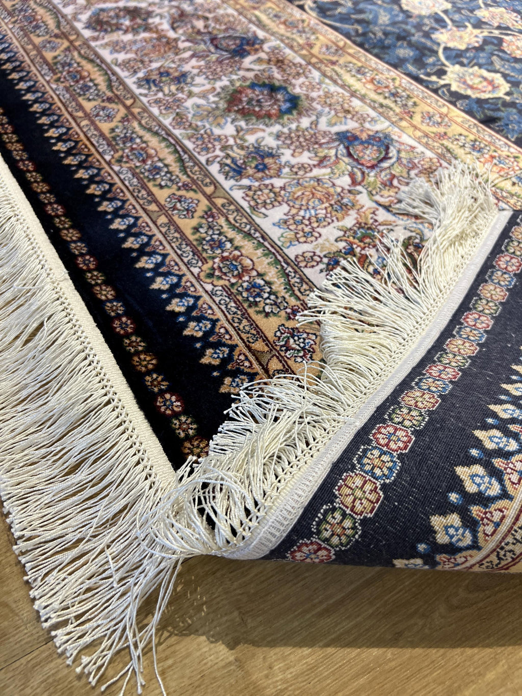 8x11 ft Blue Silk Bamboo Rug with Ivory Border and Gold Pattern, Classic Design