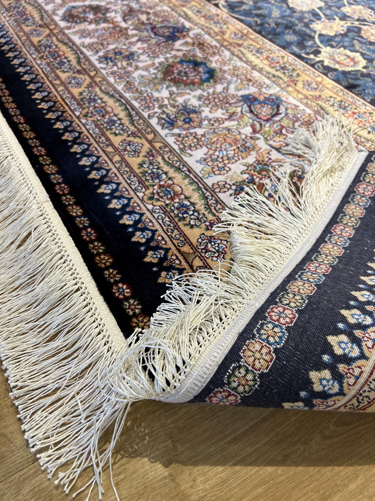 8x11 ft Blue Silk Bamboo Rug with Ivory Border and Gold Pattern, Classic Design