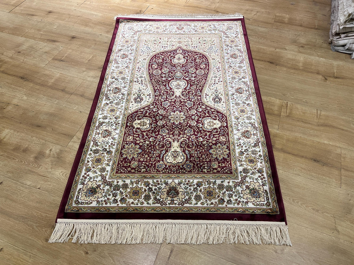 Red Modal Silk Prayer Rug, Janamaz Mat, Muslim Gift (2.62X4.10)