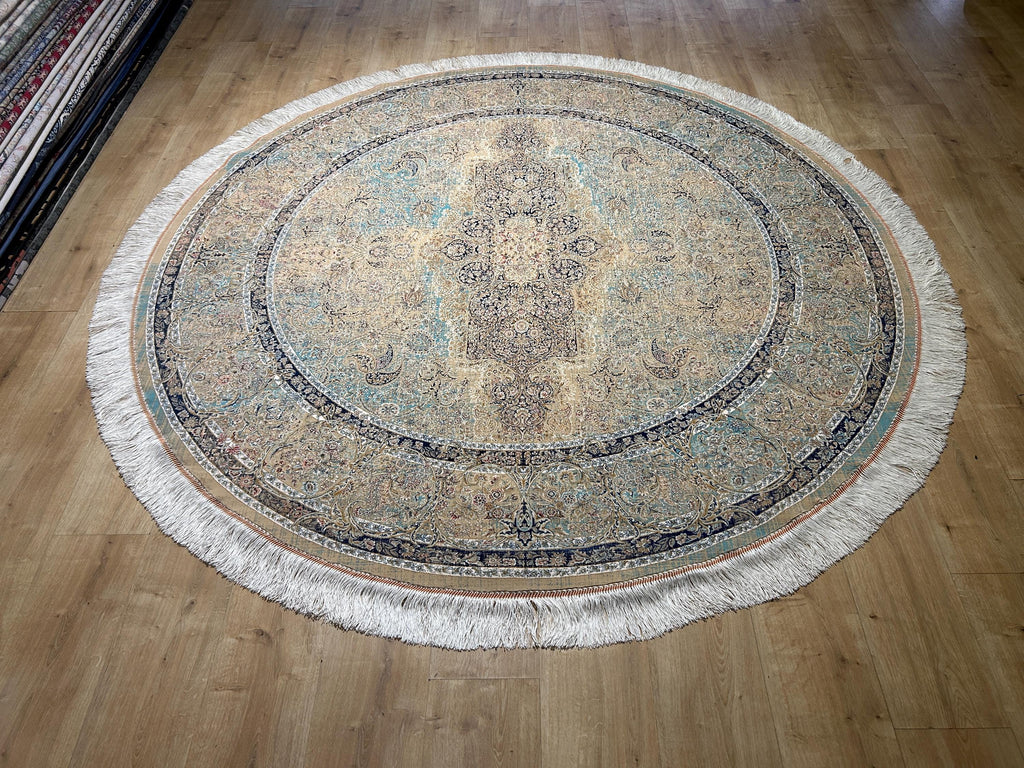 7x7 Ft Beige Blue Silk Rug, Distressed Pattern Medallion Carpet