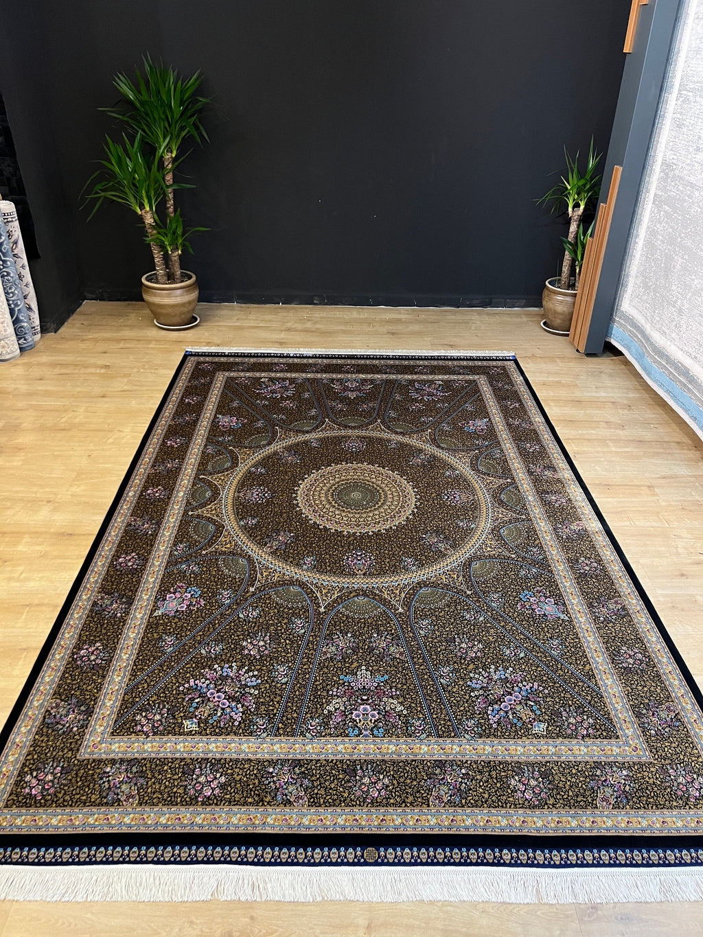 Black Gold Modal Silk Rug 7x10 ft, Turkish Style Medallion Carpet