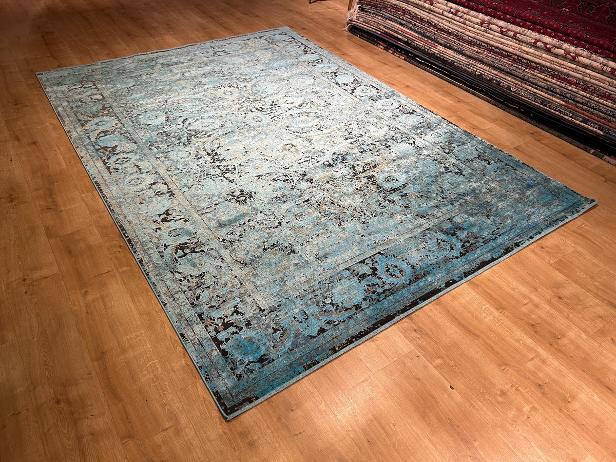 7x10 ft Blue Bamboo Rug, Distressed Pattern Vintage Area Rug, Luxury Home Decor