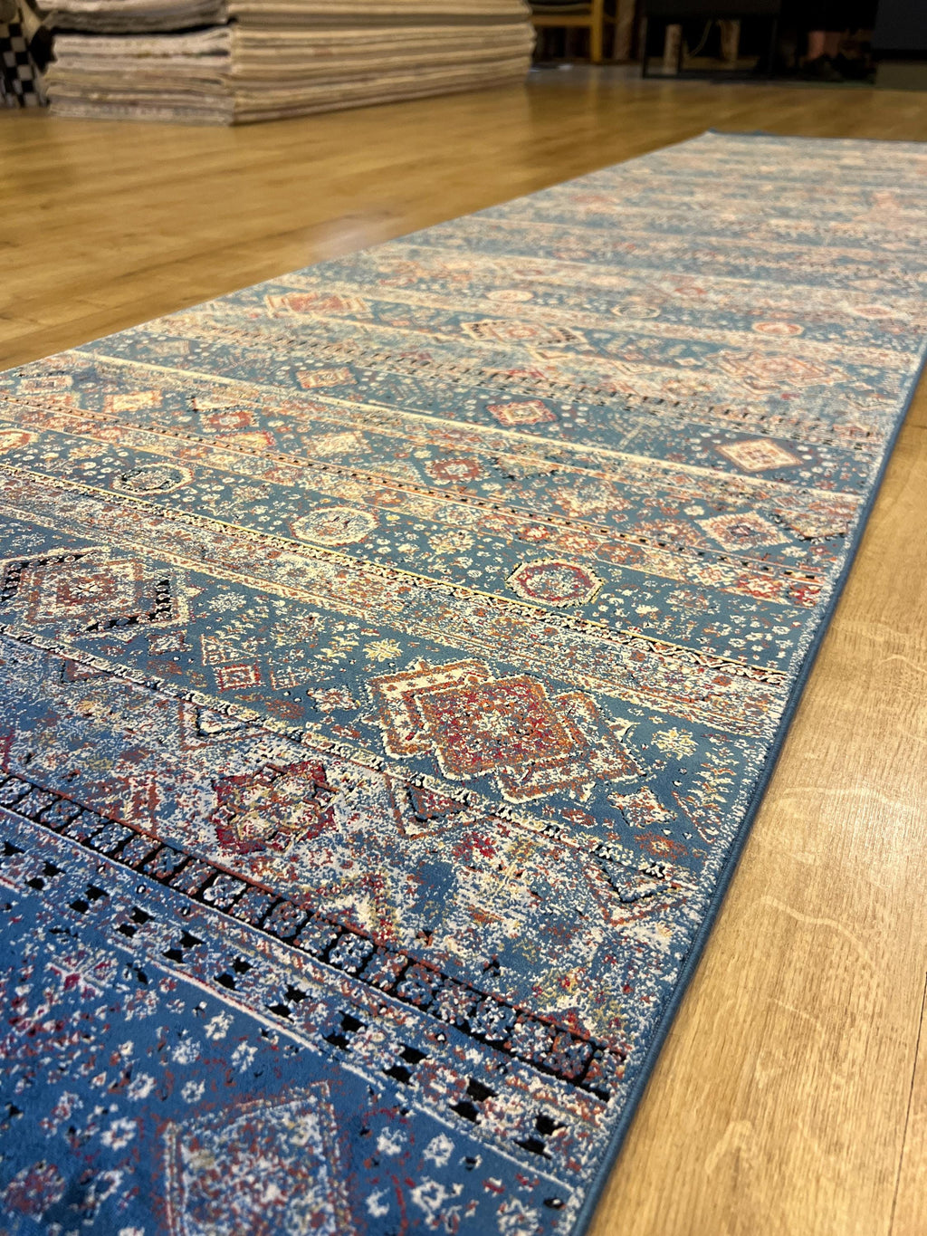 Blue Ethnic Pattern Bamboo Runner Rug, 3x10 ft, Modern Hallway Rug