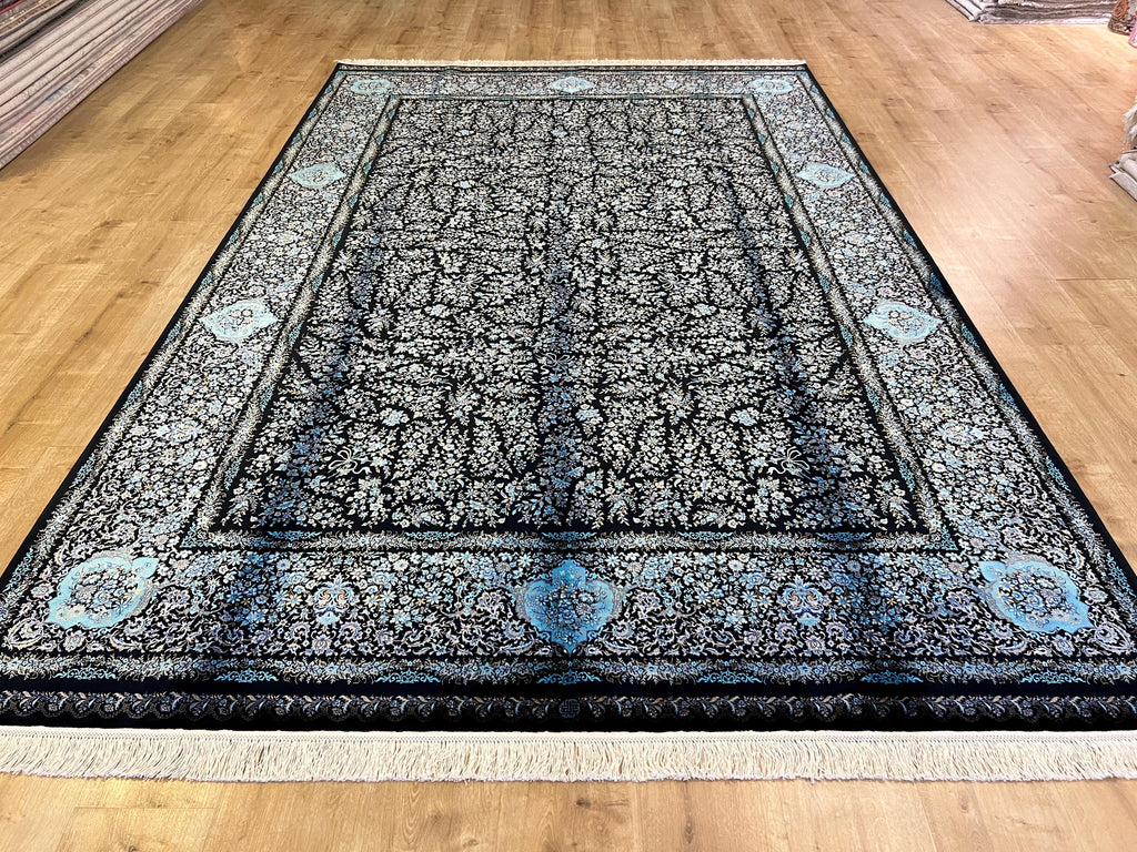 7x10 ft Black Blue Silk Rug, Floral Design Silk Carpet, Luxury Home Decor