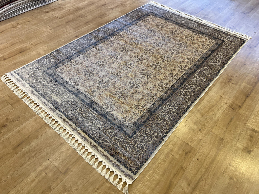 Gray Beige Silk Rug, Floral Design Bordered Silk Carpet, Turkish Home Decor
