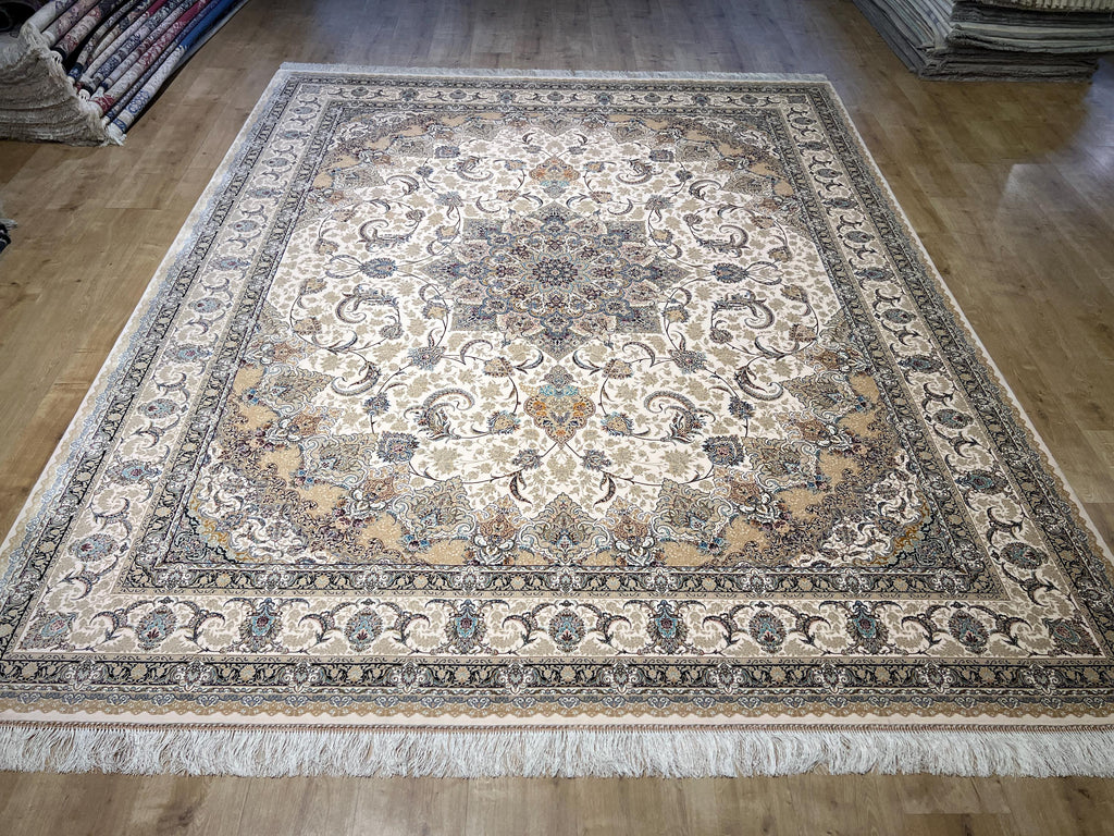8x10ft Beige Floral Silk Rug, Classic Medallion Oriental Area Rug, Living Room Carpet