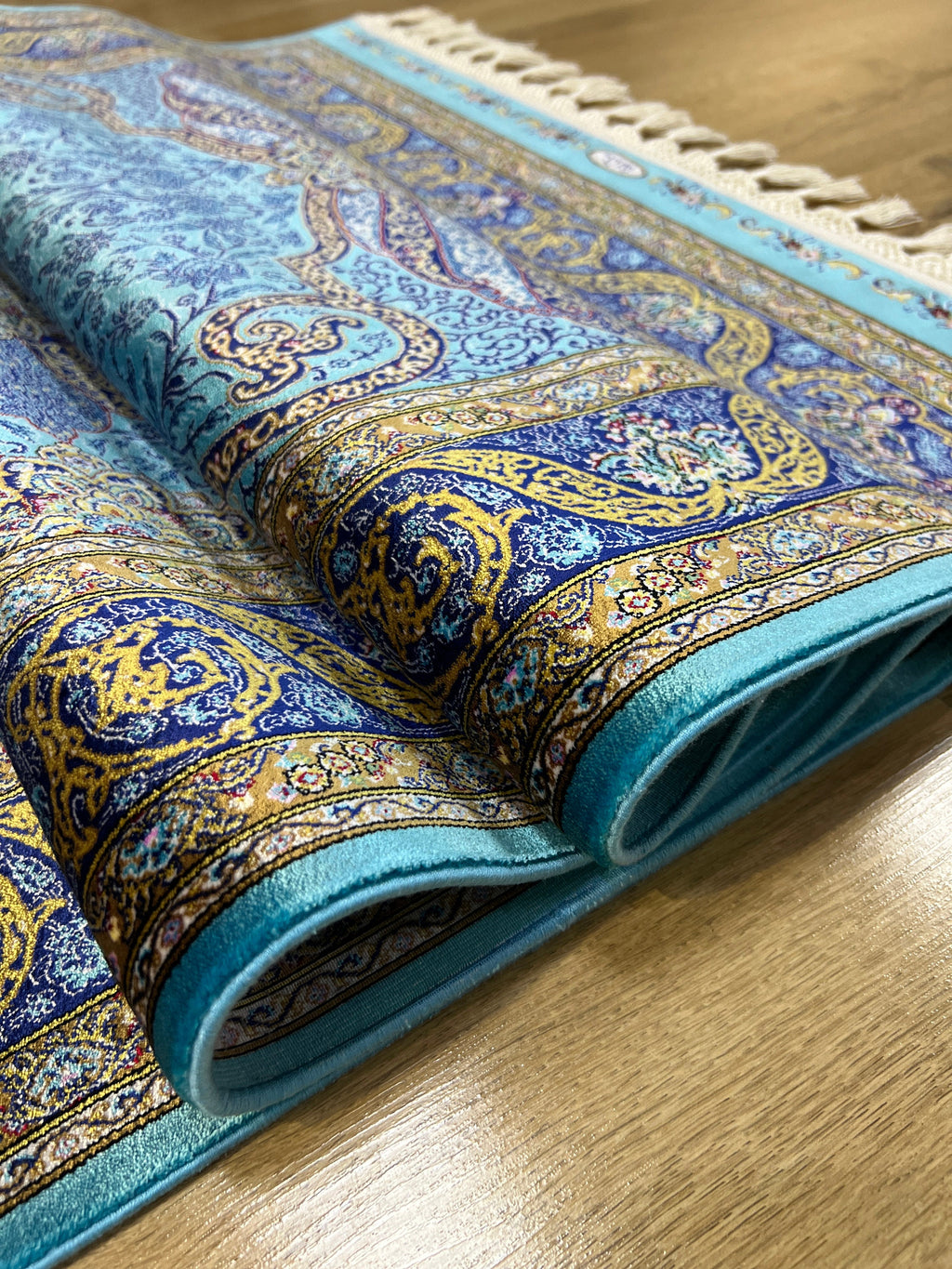 Blue Gold Floral Silk Rug 3x10 ft, Turkish Home Luxury Style