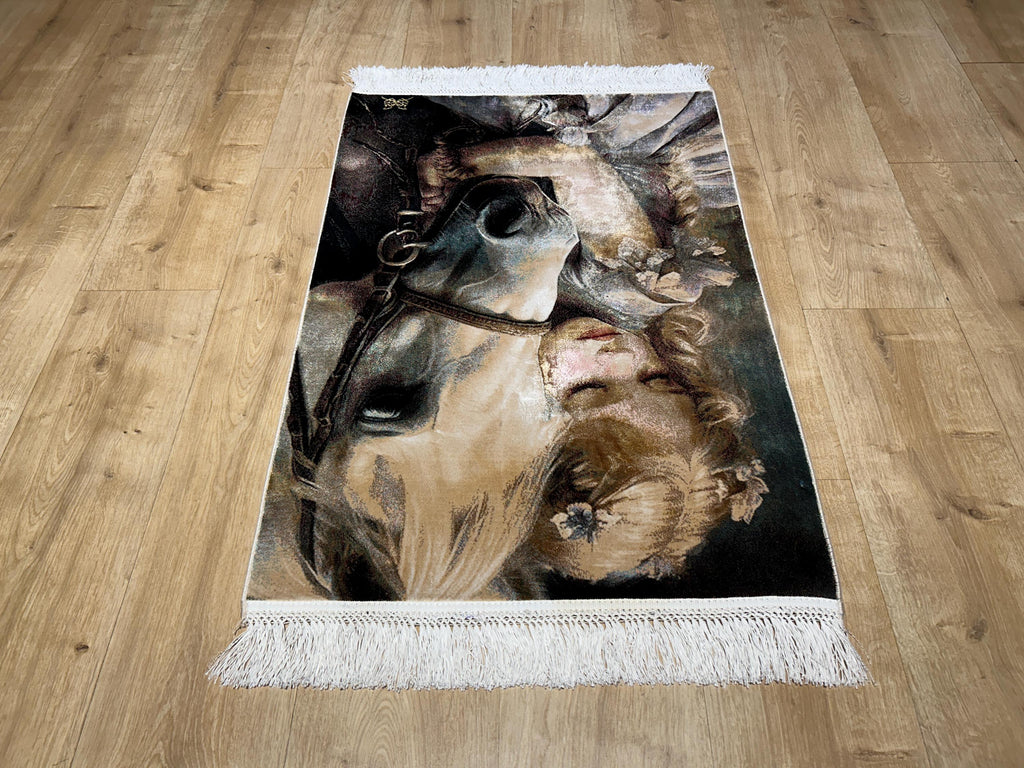 2x3 ft Horse Tapestry, Little Girl and Horse, Silk Rug, Woven Wall Art