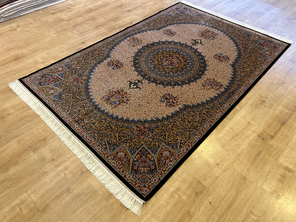 5x8 ft Brown Blue Silk Rug, Classic Medallion Design, Turkish Style Home Decor