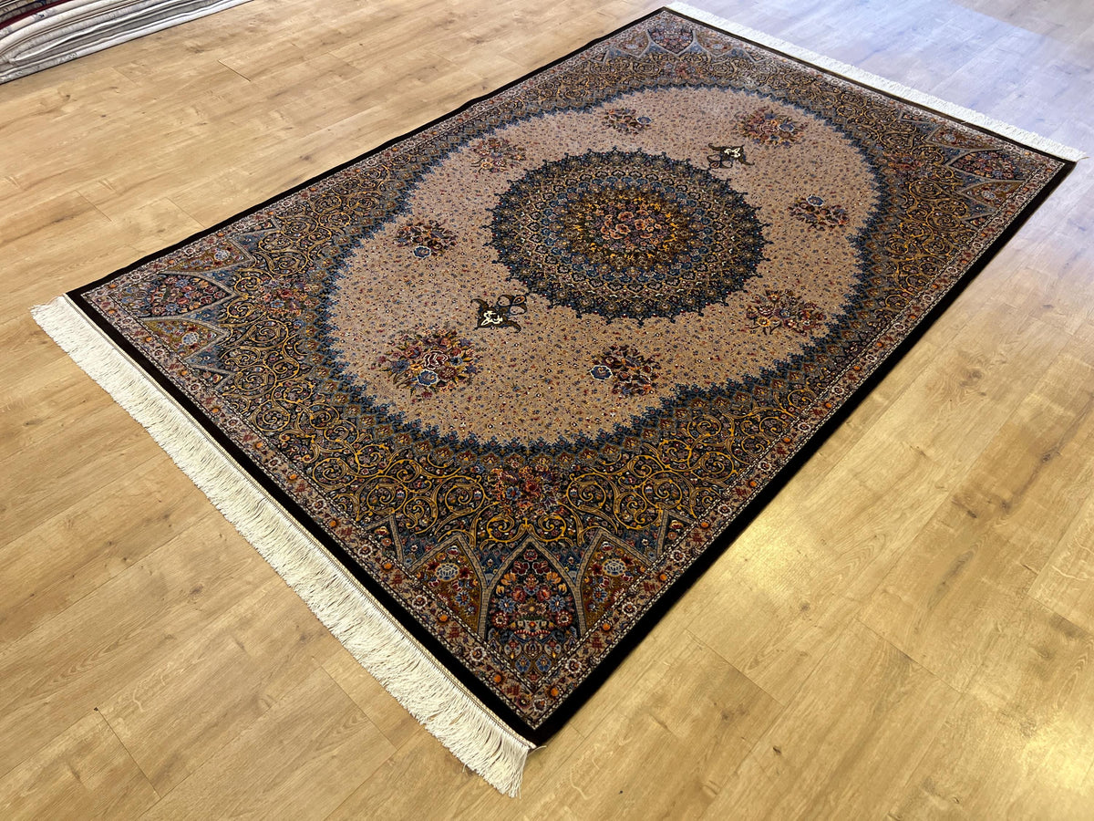 5x8 ft Brown Blue Silk Rug, Classic Medallion Design, Turkish Style Home Decor