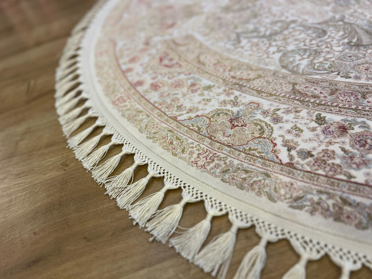 5x5 Ft Cream Gold Round Silk Rug, Medallion Design, Classic Turkish Style
