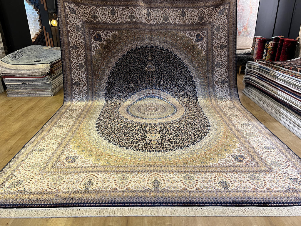 Bamboo Silk Navy Blue Rug 10x13 ft, Luxury Large Rug with Classic Medallion Design