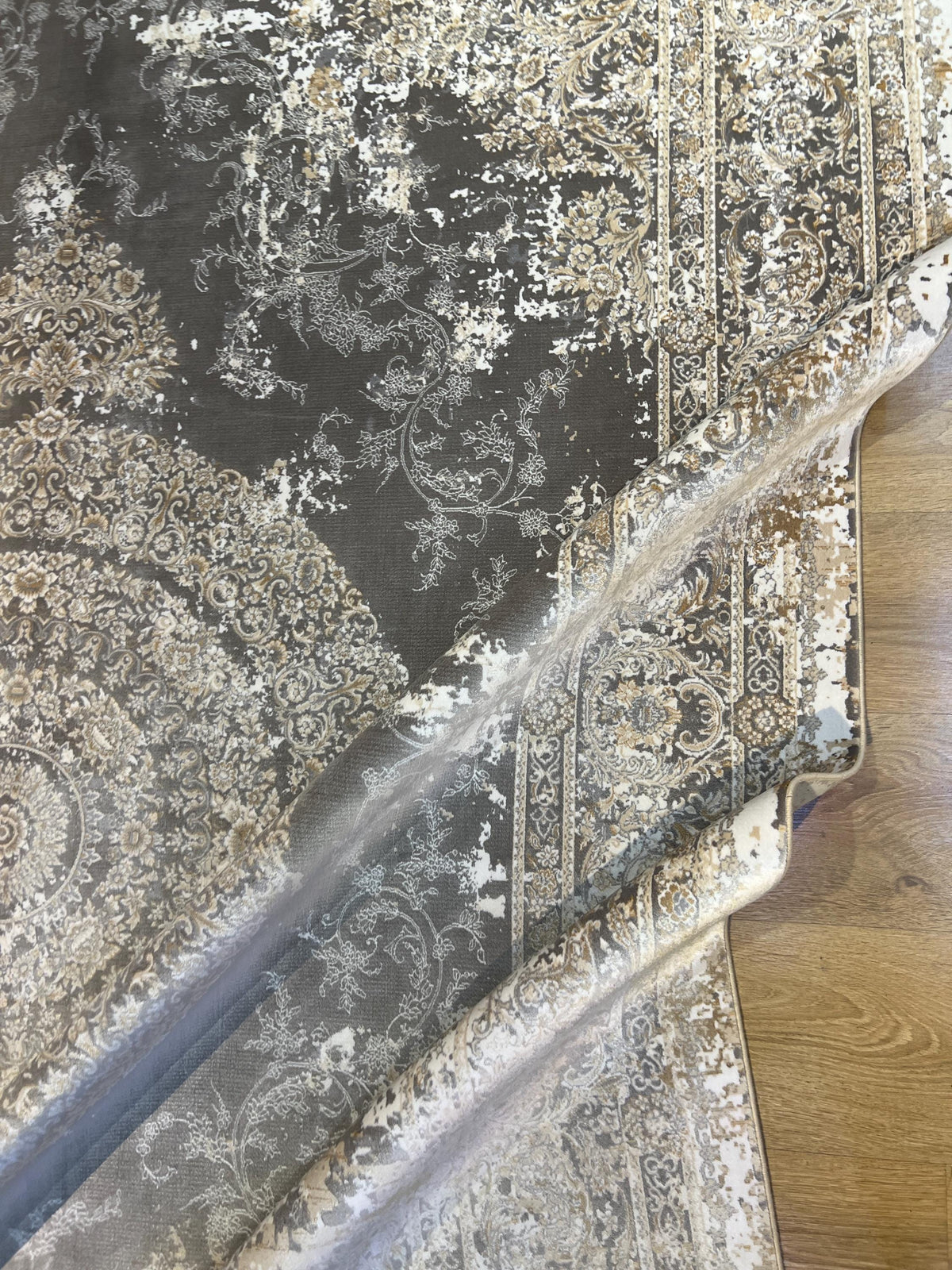 Gray Brown Silk Rug with Medallion and Border, Antique Distressed Style