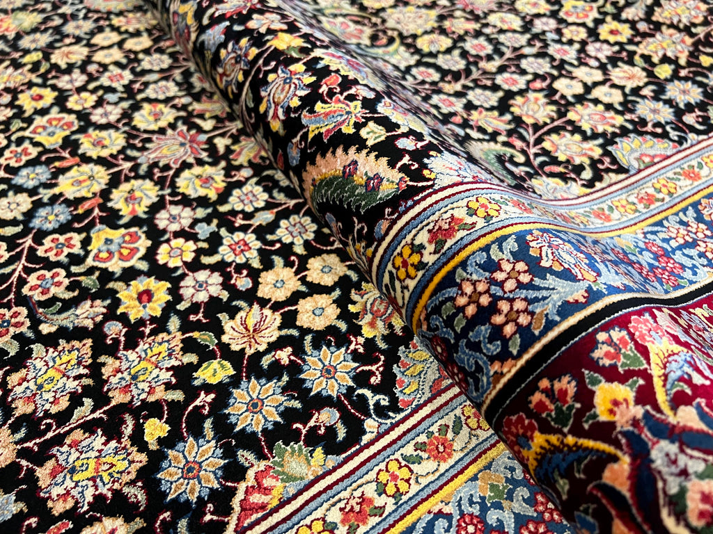 7x10 Ft Black Silk Rug With Red Border, Traditional Floral Classic Design