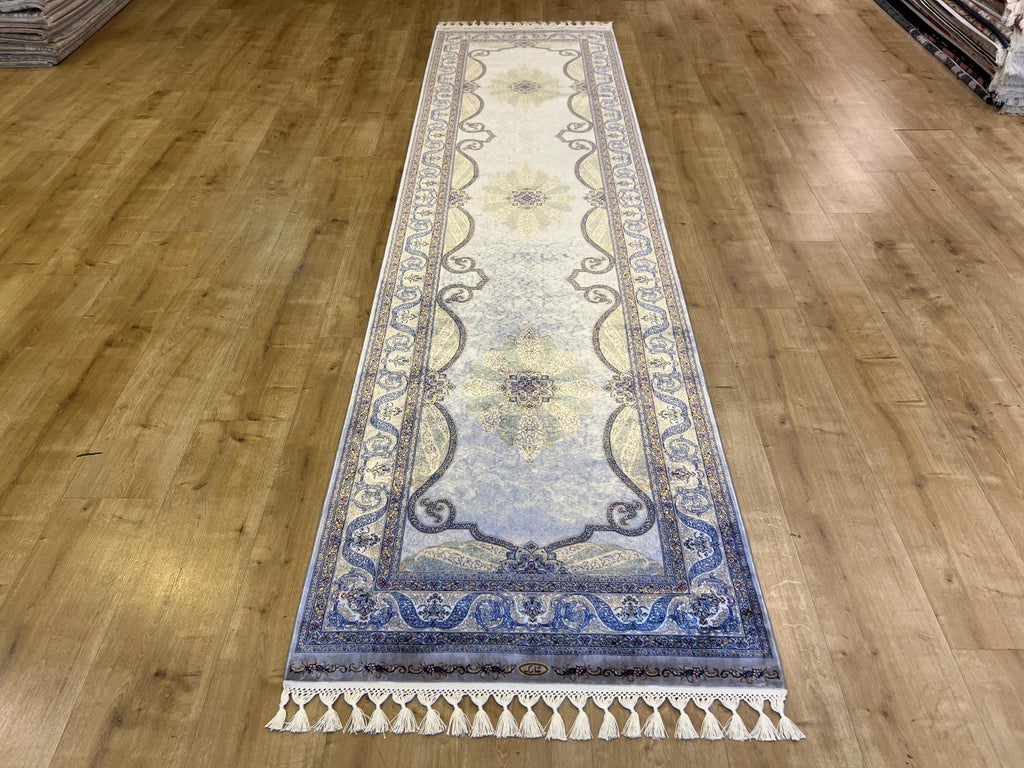 Gray Gold Medallion Silk Runner Rug, 3x10 ft, Classic Luxury Hallway Rug