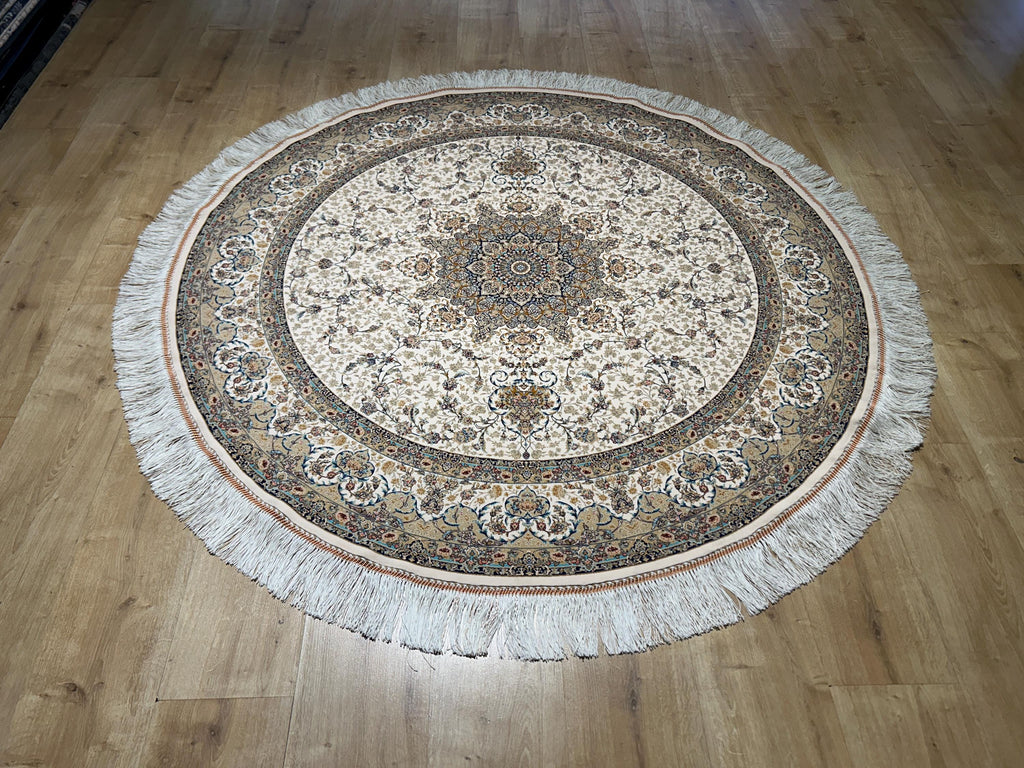 5x5 ft Ivory Blue Beige Round Silk Rug, Classic Turkish Medallion Design Carpet