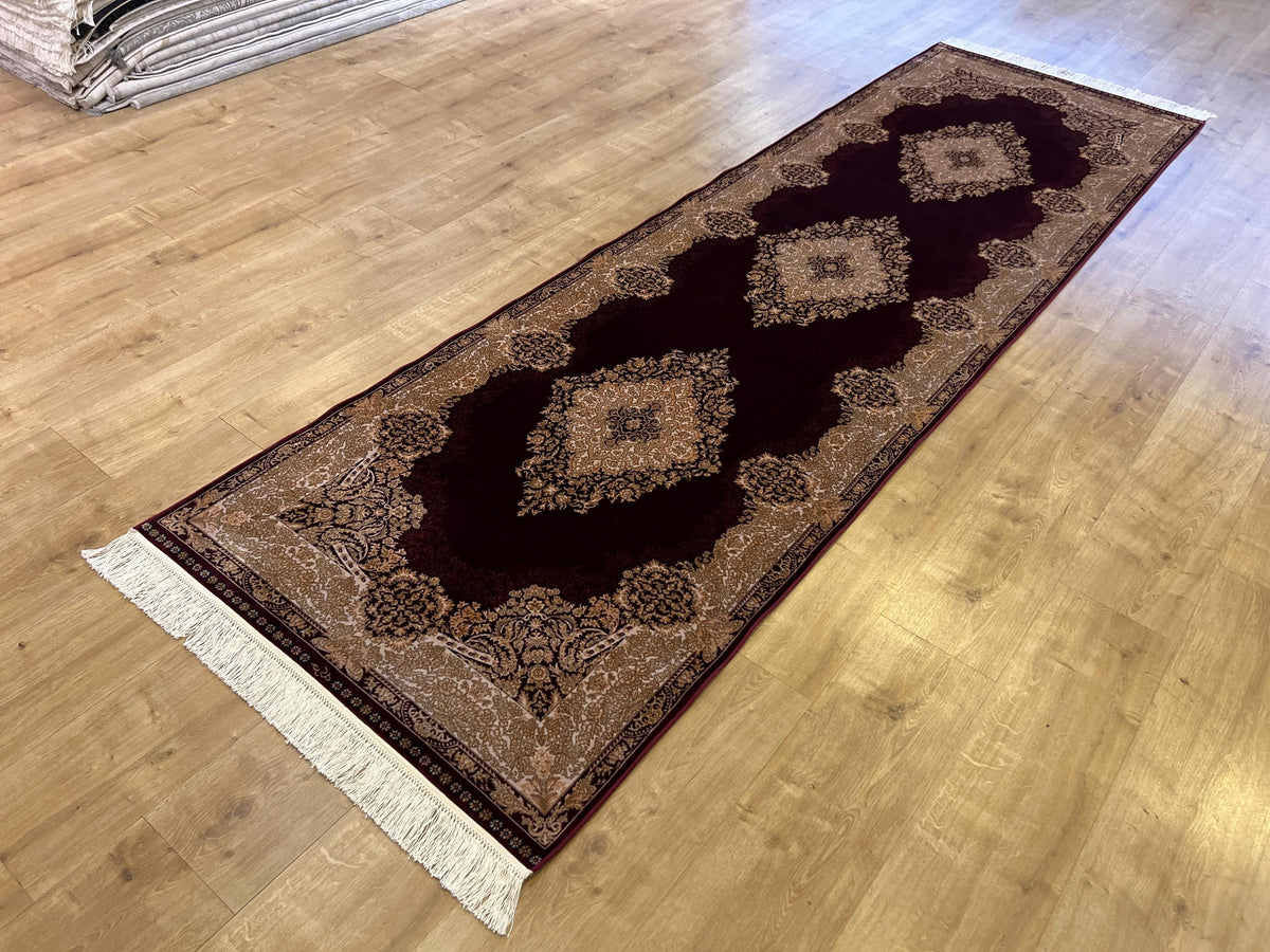 Red Gold Medallion Silk Rug, Turkish Carpet, 3x10 ft