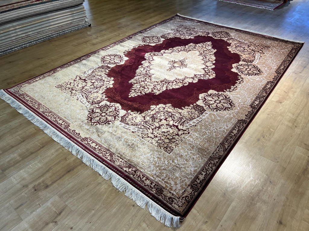 8x11 ft Red Silk Rug with Gold Medallion – Classic Turkish Style Luxury Carpet