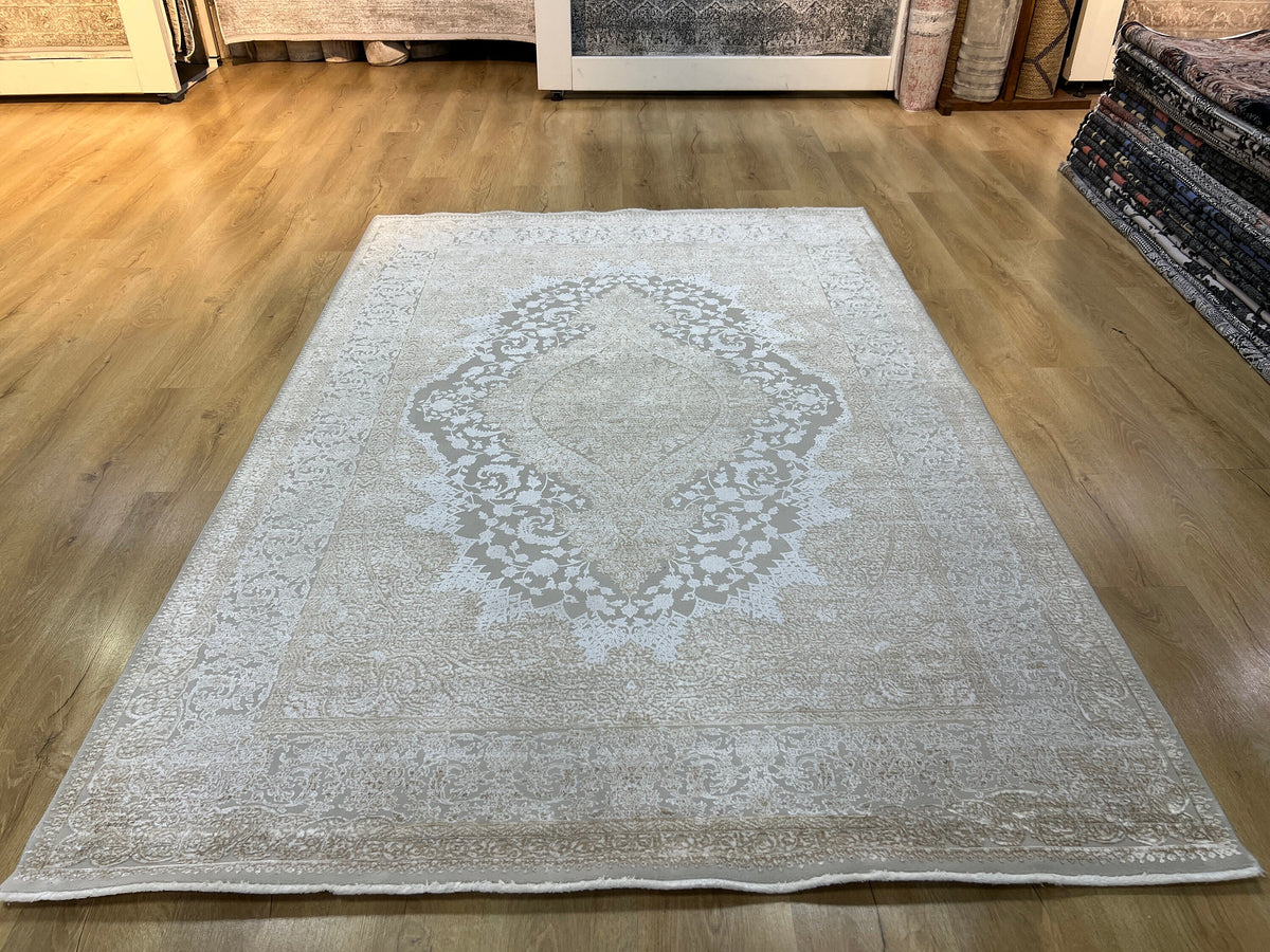 Gold Gray Bamboo Rug, 5x8 ft, Medallion Design Turkish Carpet
