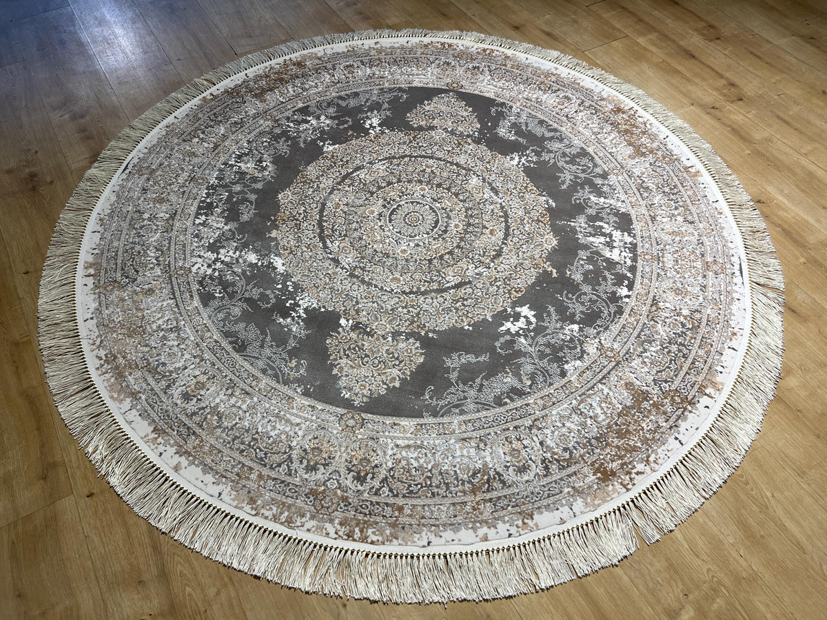 5x5 Ft Gray Brown Silk Rug, Medallion Design, Classic Luxury Area Rug
