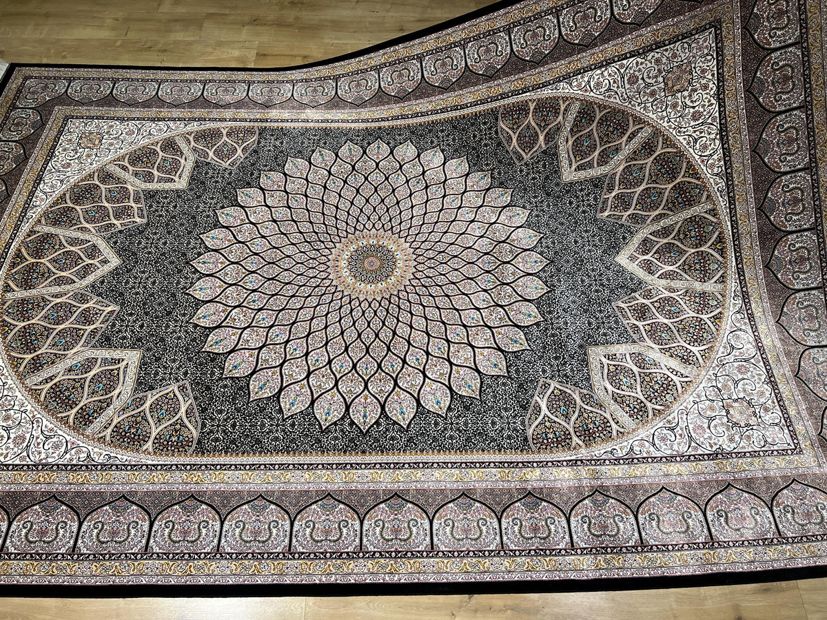 Black Silk Rug, Ivory Medallion Floral Design, Luxury Classic Carpet