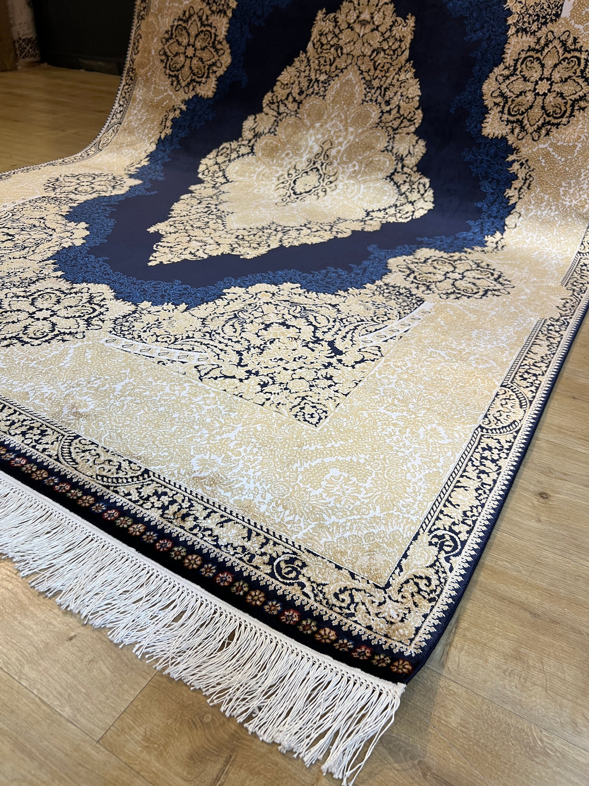 5x8 ft Dark Blue Silk Rug, Gold Medallion Design, Luxury Turkish Home Decor