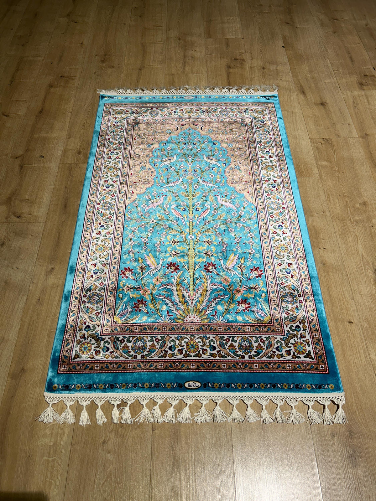 2.62x4.10 ft Blue Silk Prayer Rug, Floral and Bird Design Mat, Muslim Janamaz Mat