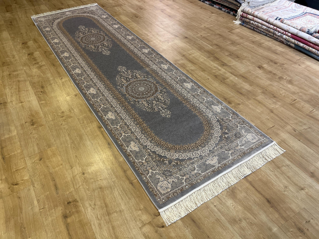 Gray Medallion Turkish Silk Runner Rug, Classic Luxury Hallway Rug