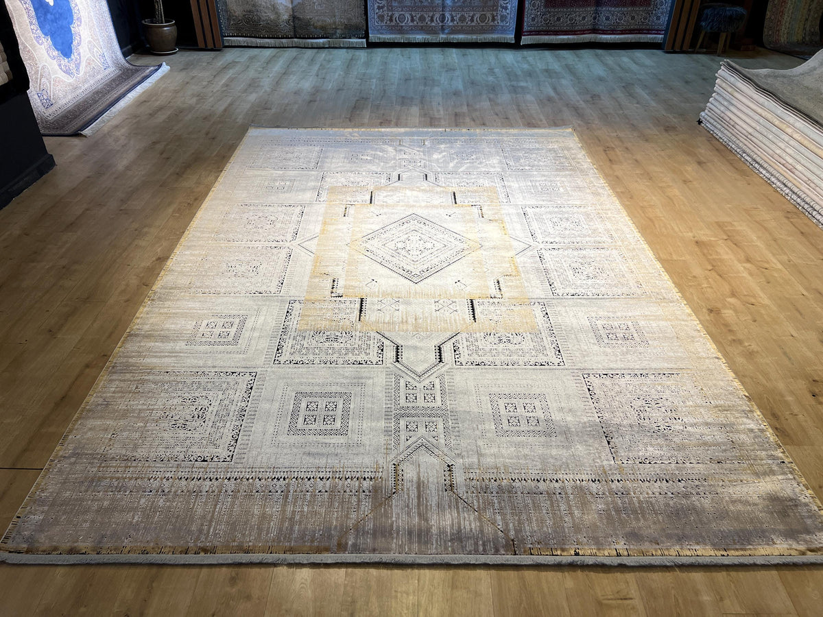 8x11 ft Gray Yellow Geometric Bamboo Rug with Ethnic Patterns, Modern Natural Carpet