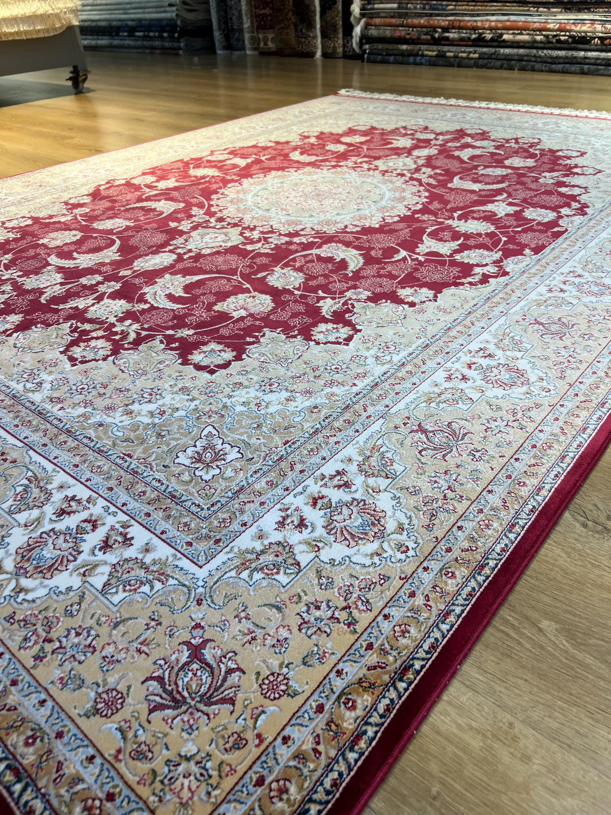 5x8 ft Classic Silk Carpet, Red Base Gold Medallion, Turkish Style