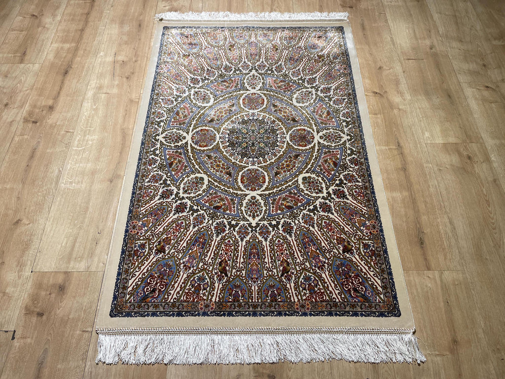 Cream Small Silk Rug, Ornate Medallion Silk Mat, Luxury Home Decor