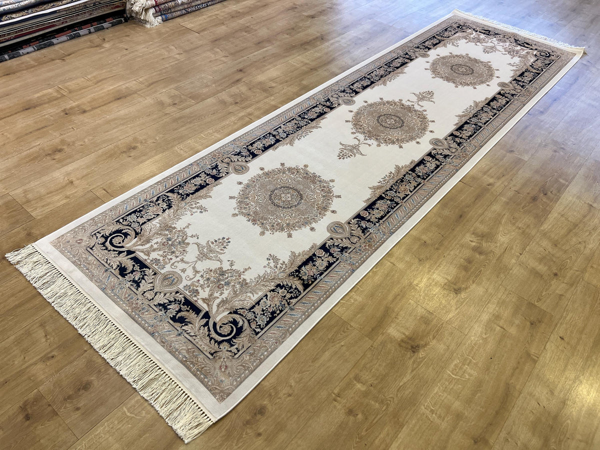 Ivory Silk Runner Rug with Navy Blue Border Gold Medallion, 3x10ft, Classic Turkish Rug