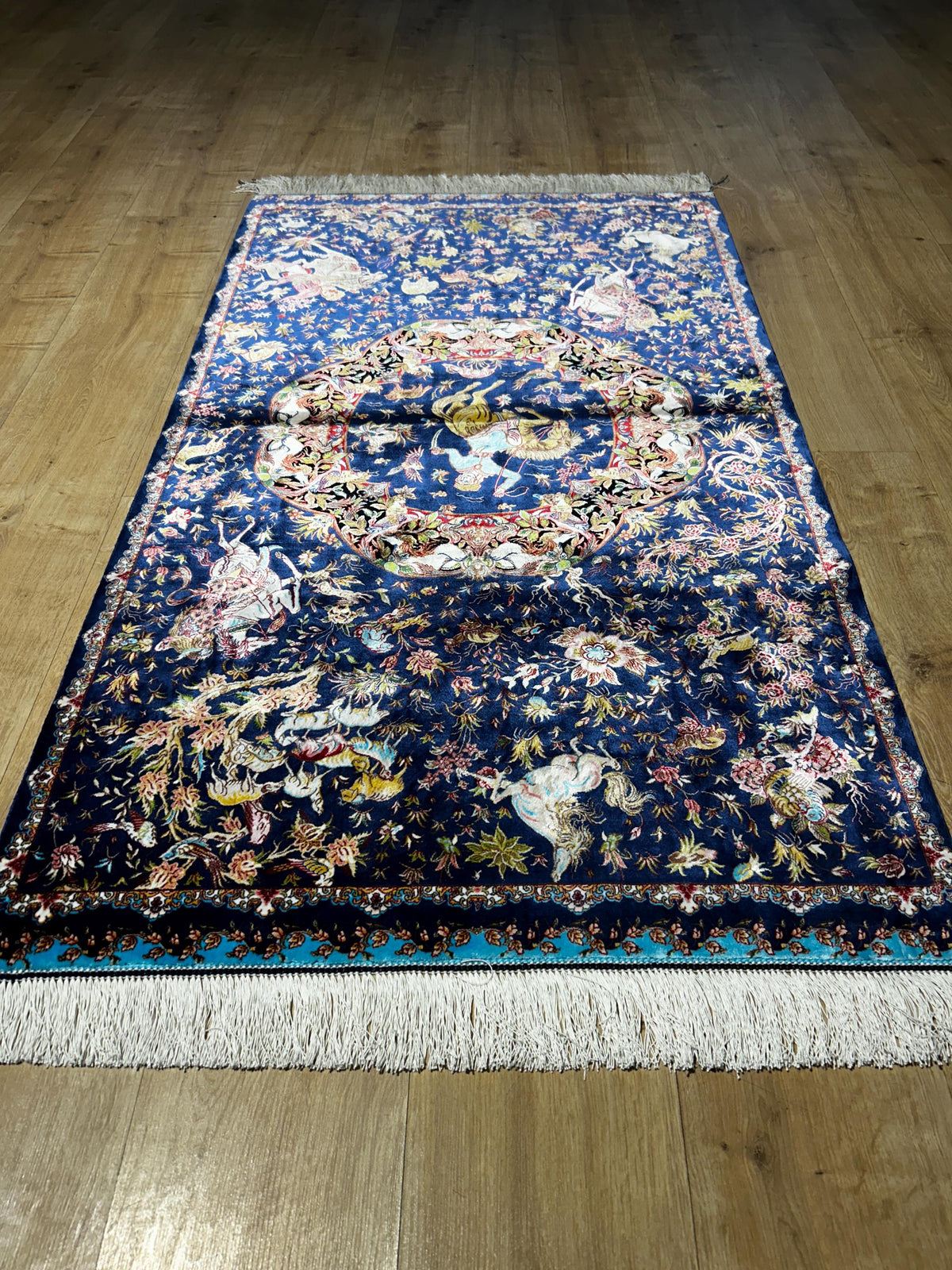 Blue Decorative Silk Tapestry Rug With Art Motifs, Floral Design
