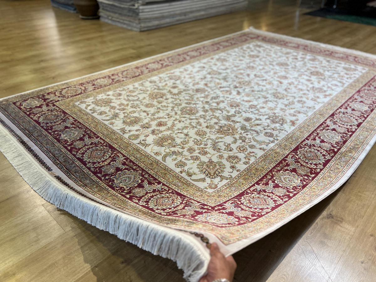 7x10 ft Turkish Silk Rug, Red Beige Floral Carpet