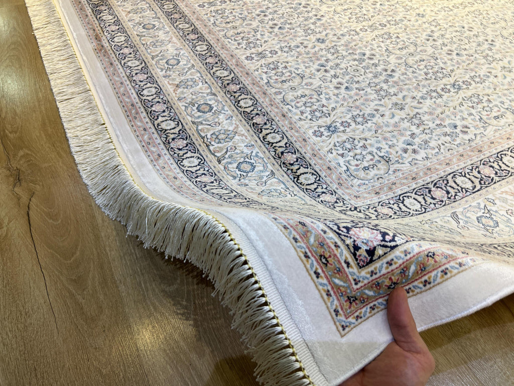 7x10 ft Ivory Silk Rug with Floral Border, Oversize Rug, Classic Turkish Style