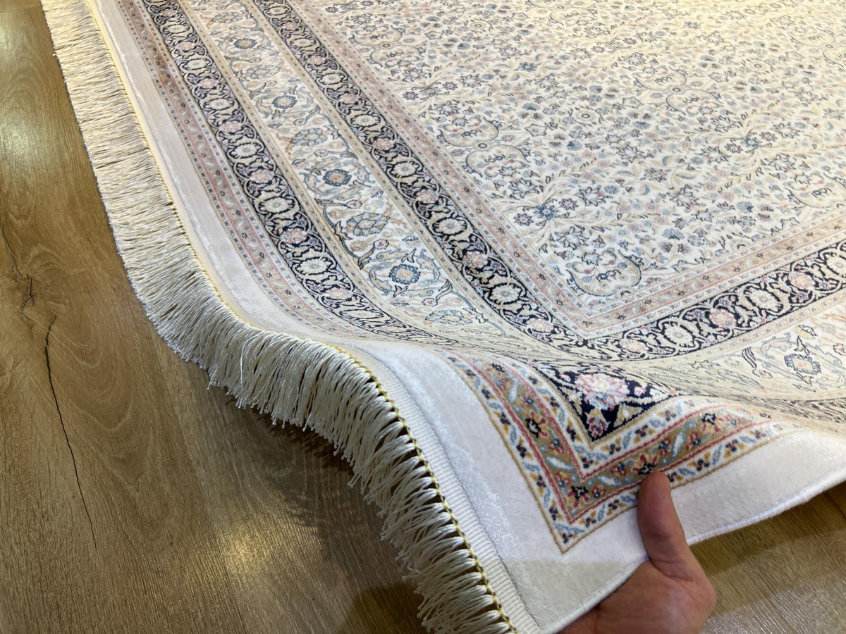 7x10 ft Ivory Silk Rug with Floral Border, Oversize Rug, Classic Turkish Style