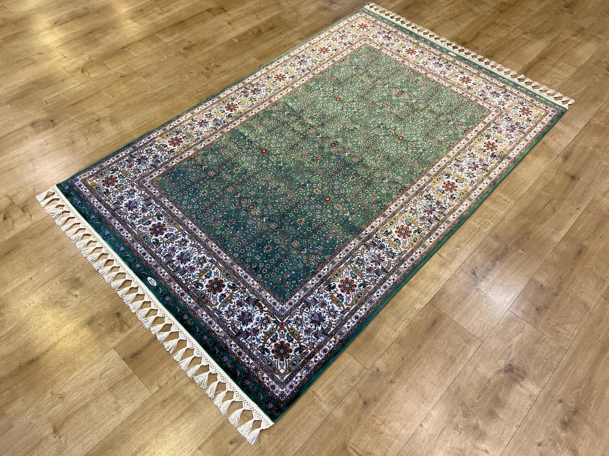 Green Modal Silk Turkish Carpet, 4x6 ft, Living Room Rug
