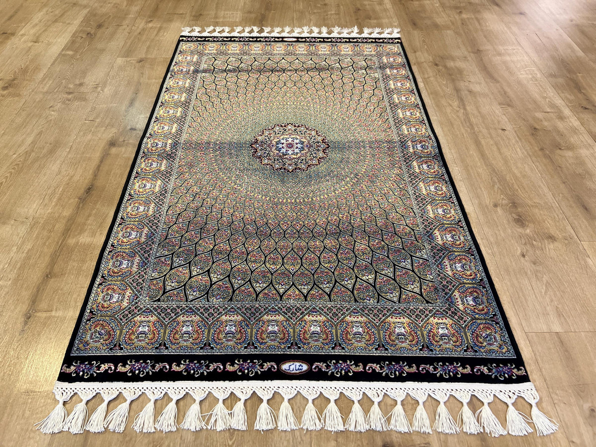 Black Gold Silk Turkish Rug, Small Gift Carpet, Home Decor