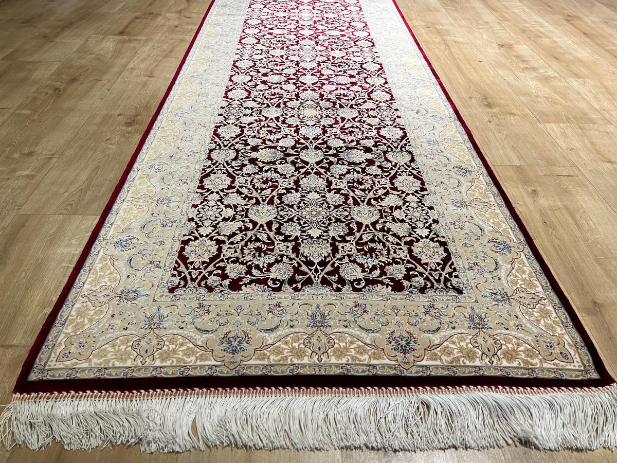 3x13 ft Red Silk Runner Rug, Blue Medallion, Classic Luxury Hallway Rug