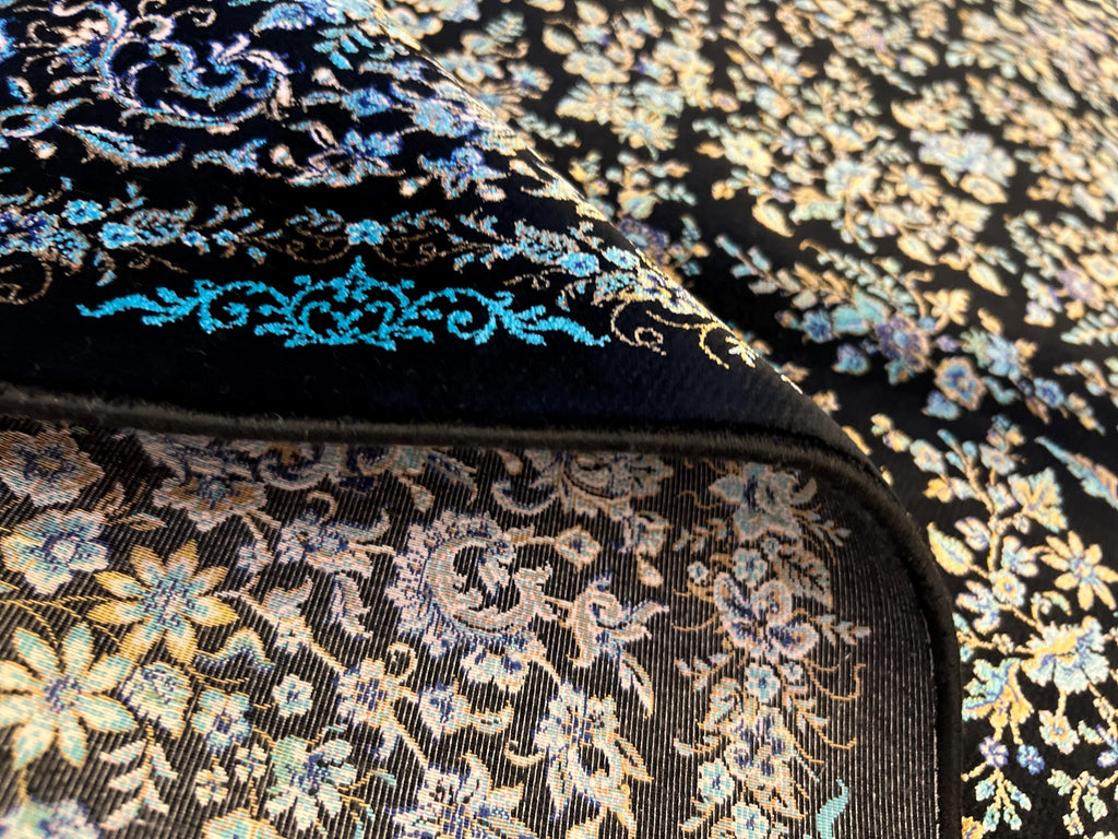 7x10 ft Elegant Silk Rug, Black Ground with Refined Blue Motifs