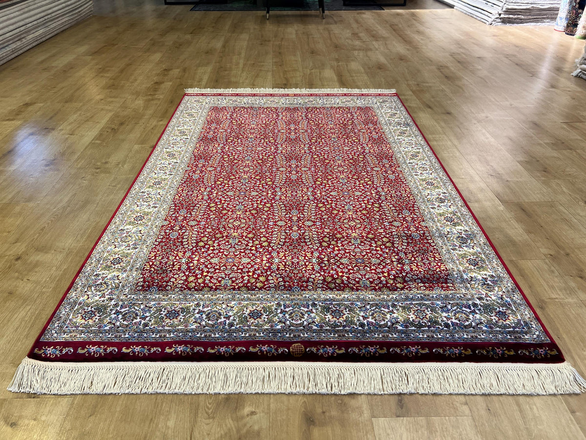 Red Silk Rug, 4x6 Ft, Floral Framed Design, Classic Luxury Area Rug
