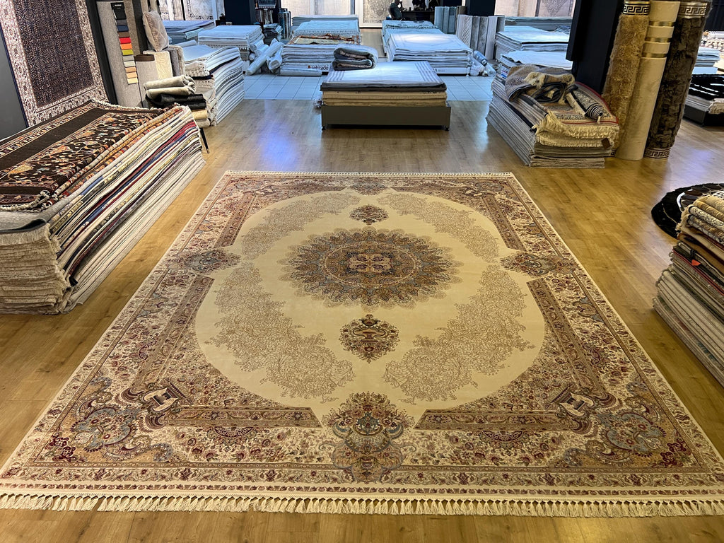 Ivory Bamboo Silk Rug 10x13 ft, Elegant Large Area Rug with Classic Medallion Pattern